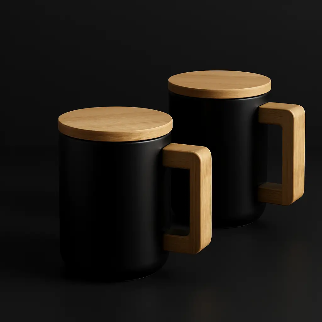 Black Ceramic Coffee Mugs with Bamboo Handle and Lid