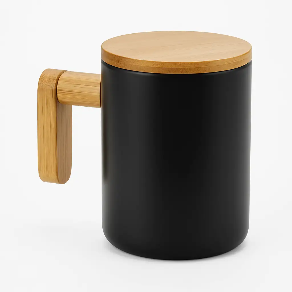 Black Ceramic Coffee Mugs with Bamboo Handle and Lid