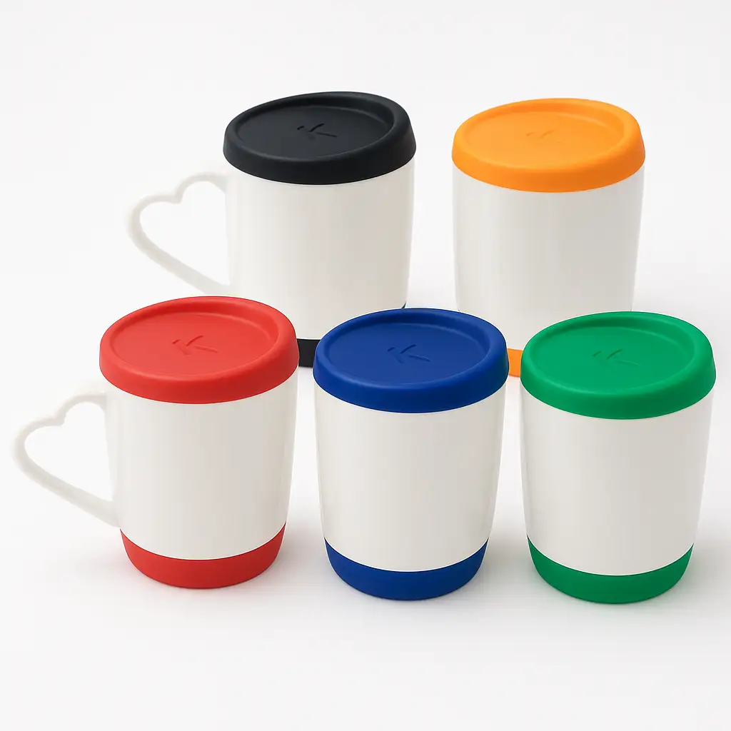 White Ceramic Mugs with Silicone Cap and Base